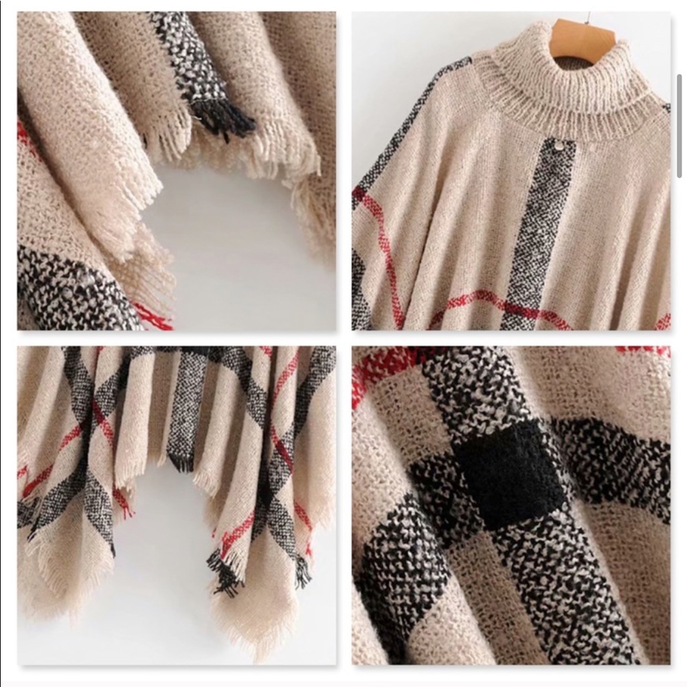 Plaid Beige Turtleneck Poncho - Picture 4 of 5